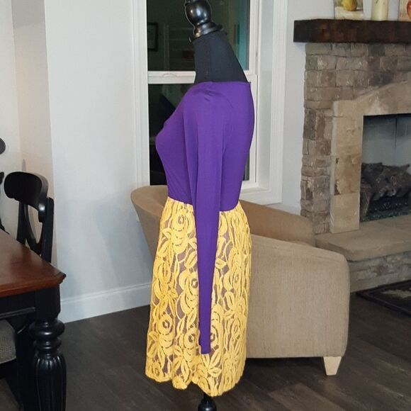 Color Me Red Purple with Gold Lace Layover Long Sleeve Dress - Picture 4 of 10